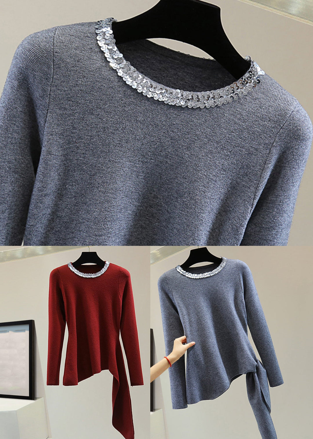 Grey O-Neck Tie Waist Cotton Knit Sweater Long Sleeve