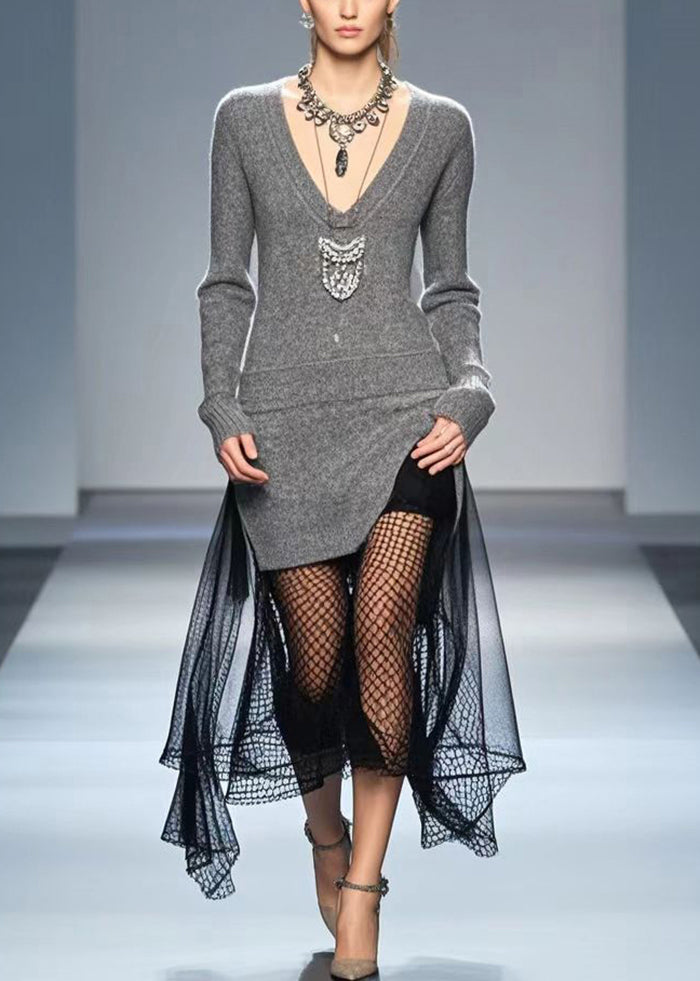 Grey Patchwork Tulle Long Knit Dress V Neck Hollow Out Fall