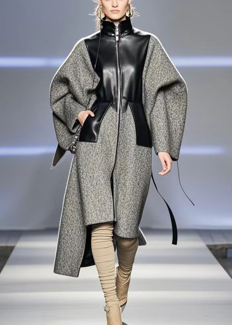 Grey Patchwork Woolen Cinched Trenchs Asymmetrical Fall