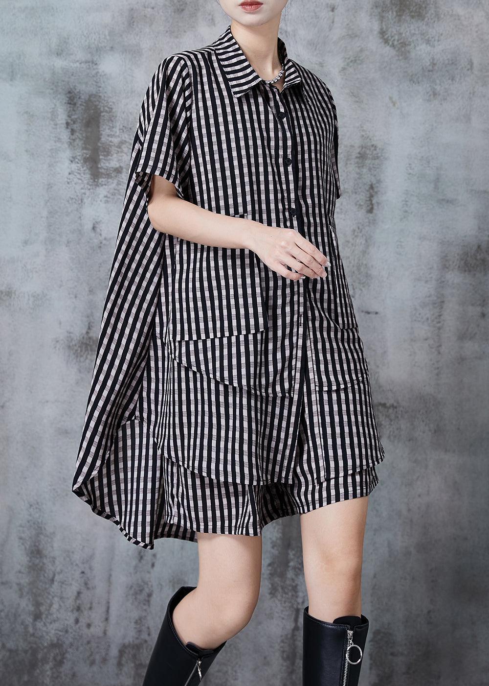 Grey Plaid Chiffon Two Pieces Set Oversized Summer