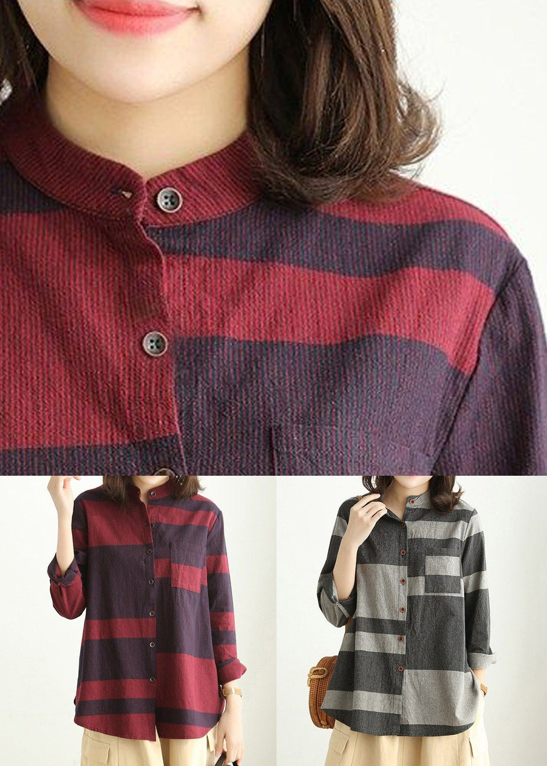 Grey Pockets Patchwork Cotton Shirt Stand Collar Spring