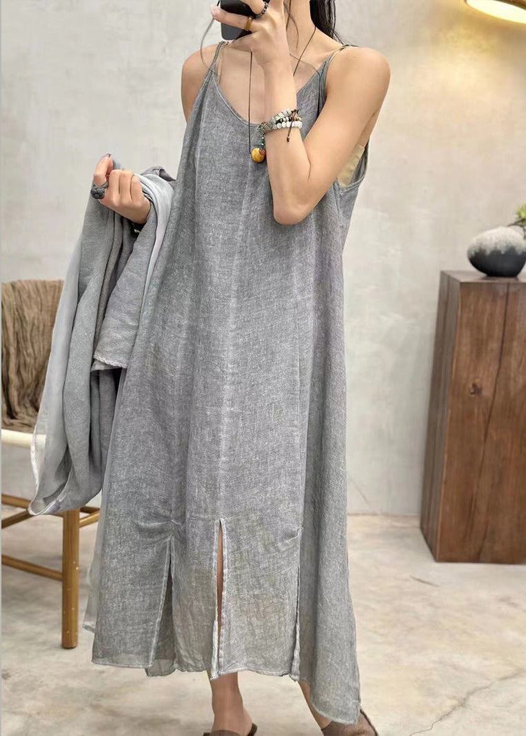 Grey Side Open Linen Spaghetti Strap Dress V Neck Summer