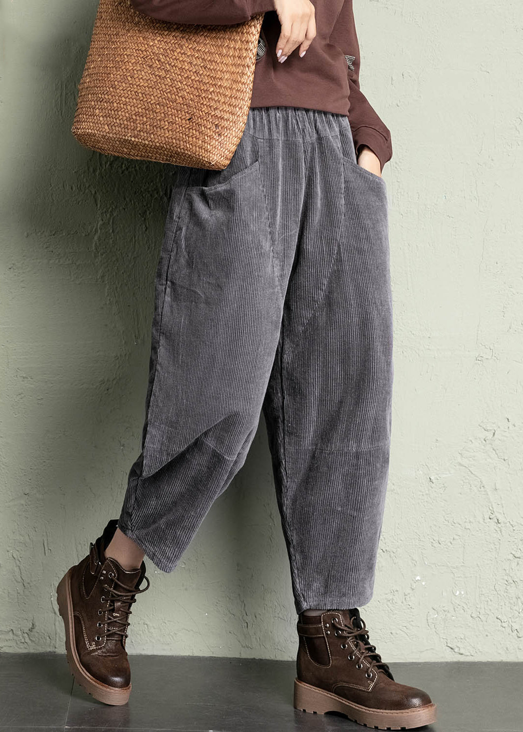 Grey Solid Loose Corduroy Crop Pants High Waist Spring