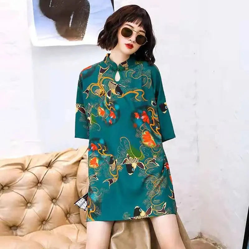 Green Tranquil Jade Carp Cheongsam Dress Half Sleeve