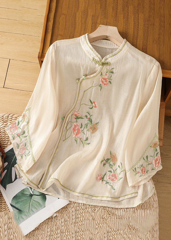 Handmade Apricot Embroidered Button Cotton Shirt Long Sleeve