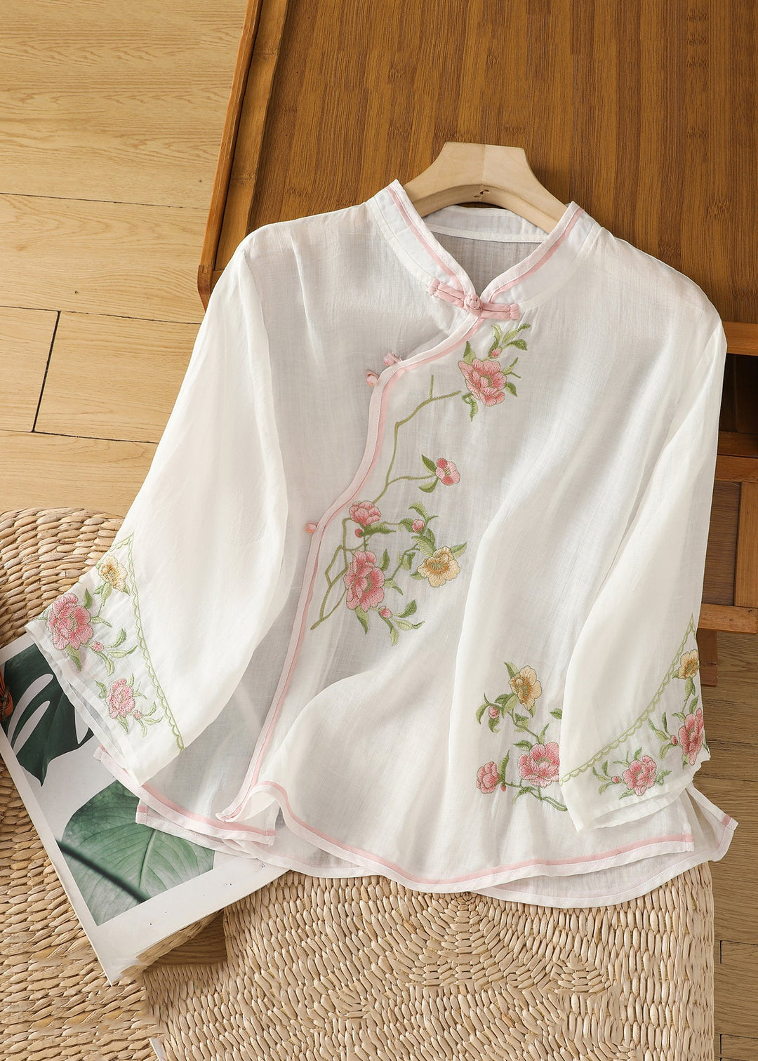 Handmade Apricot Embroidered Button Cotton Shirt Long Sleeve