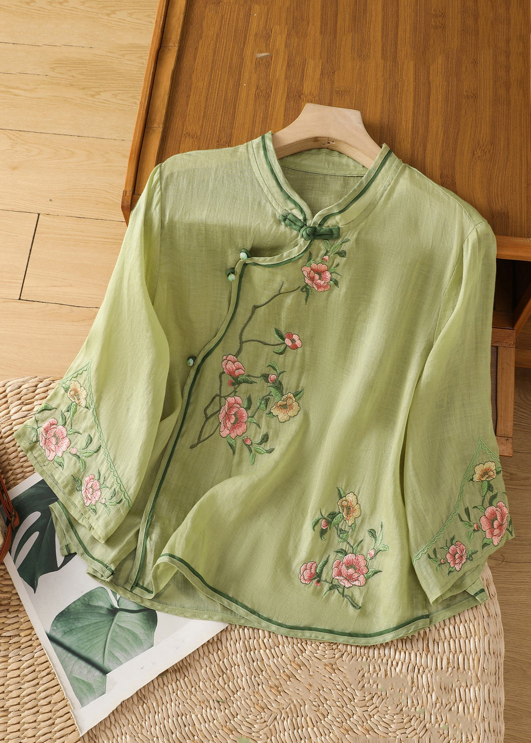 Handmade Apricot Embroidered Button Cotton Shirt Long Sleeve