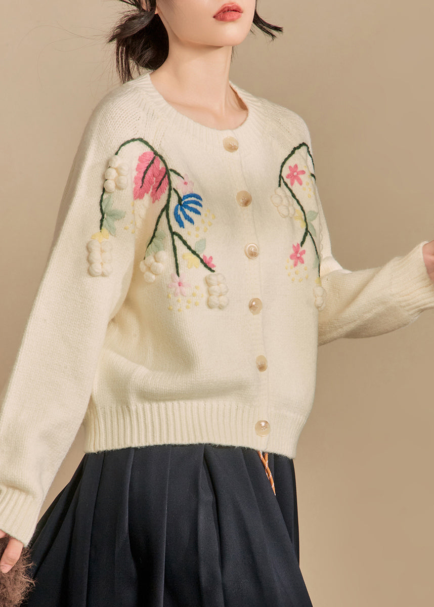 Handmade Beige Embroidered Button Knit Cardigans Winter