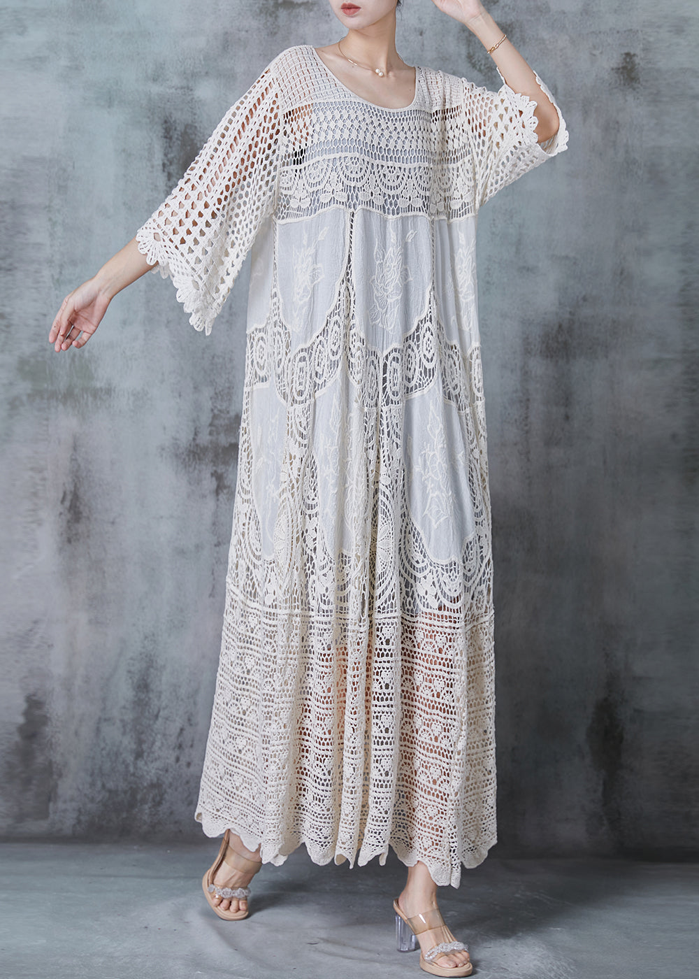 Handmade Beige Embroidered Hollow Out Knit Dress Summer