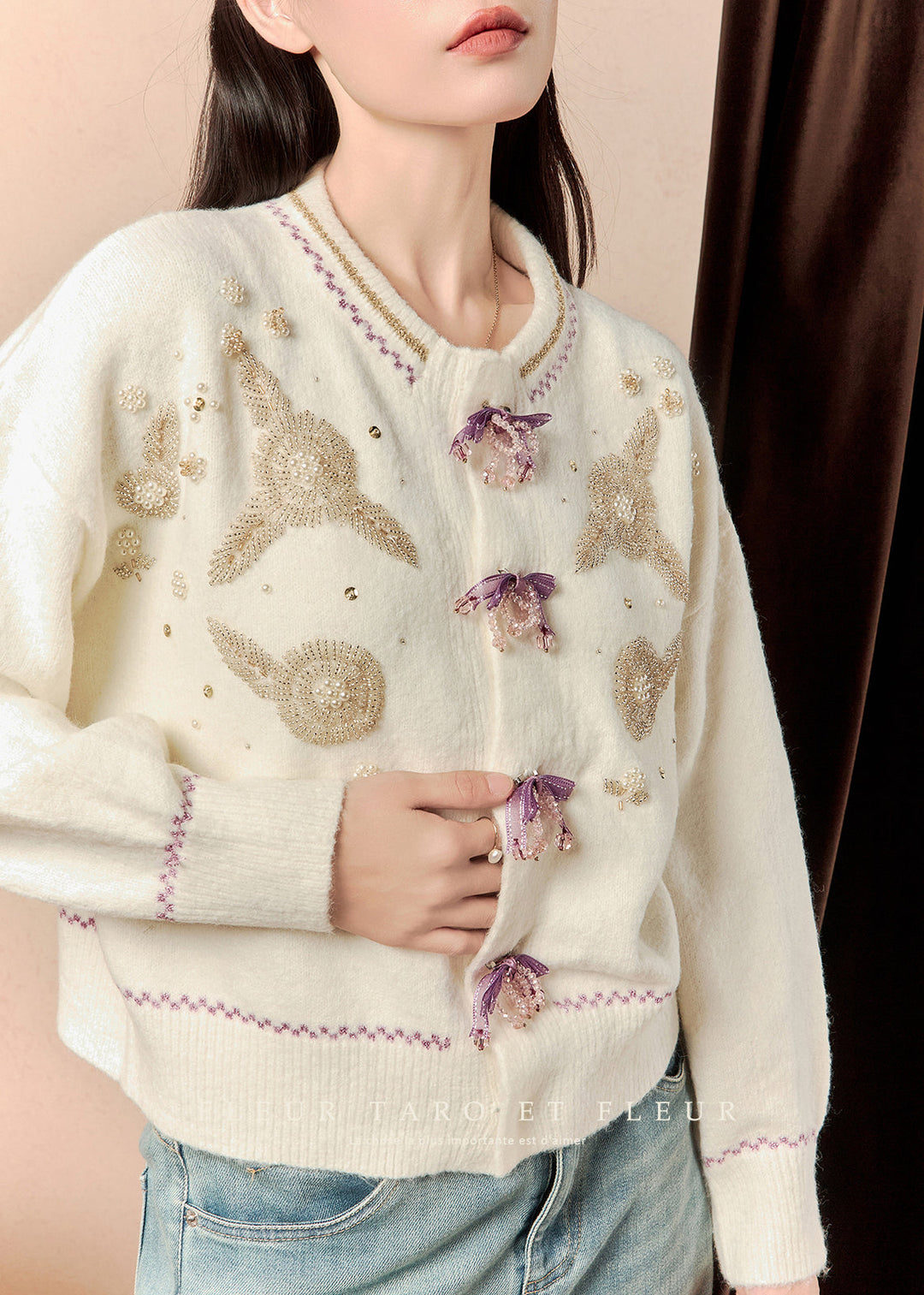 Handmade Beige Nail Bead Patchwork Knit Cardigan Winter