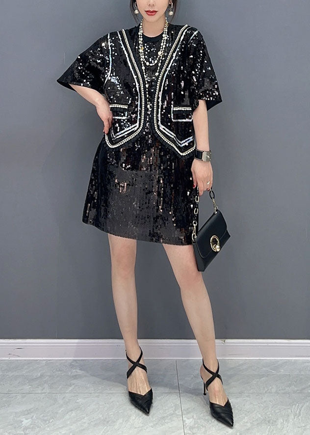 Handmade Black Sequins Patchwork False Two Pieces Dresses Spring