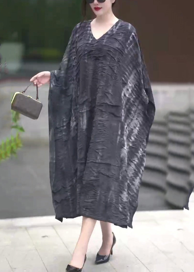 Handmade Black V Neck Wrinkled Long Dresses Batwing Sleeve