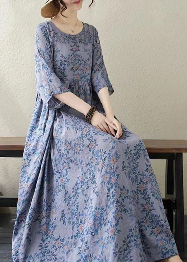 Handmade Blue O Neck Print Plus Size Cotton Dress Summer