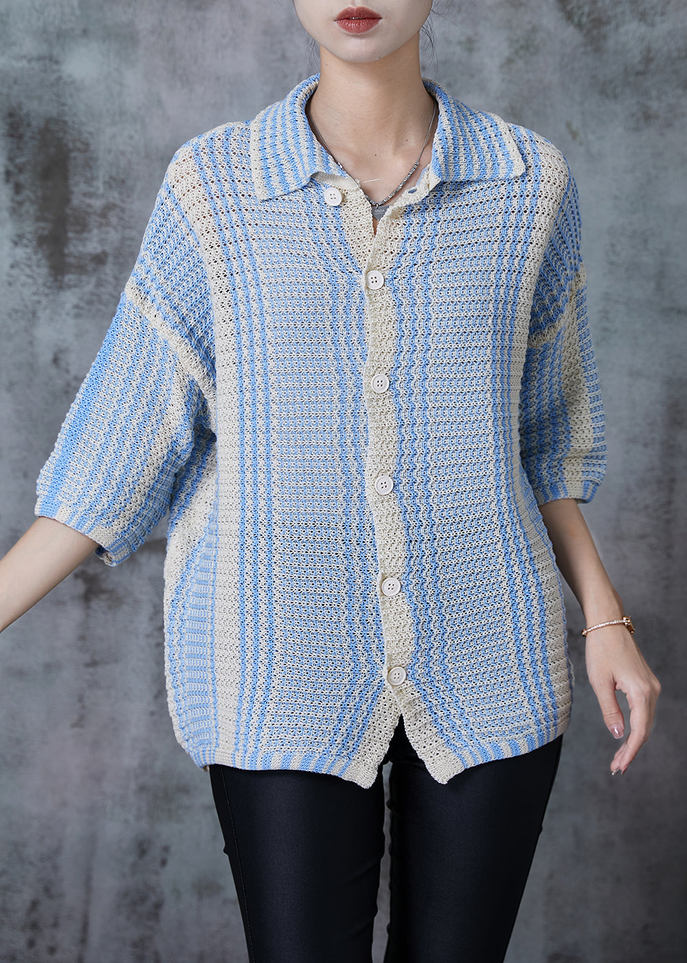 Handmade Blue Oversized Print Knit Shirt Summer