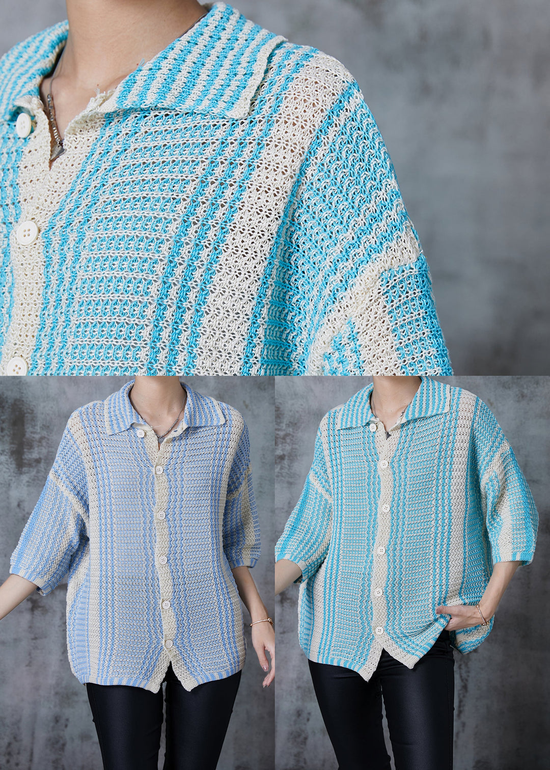 Handmade Blue Oversized Print Knit Shirt Summer