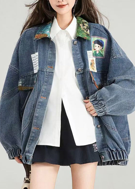 Handmade Blue Peter Pan Collar Pockets Bow Patchwork Denim Jackets Spring