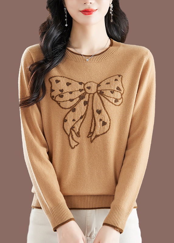 Handmade Camel O-Neck Embroidered Bow Thick Cotton Knit Sweaters Winter