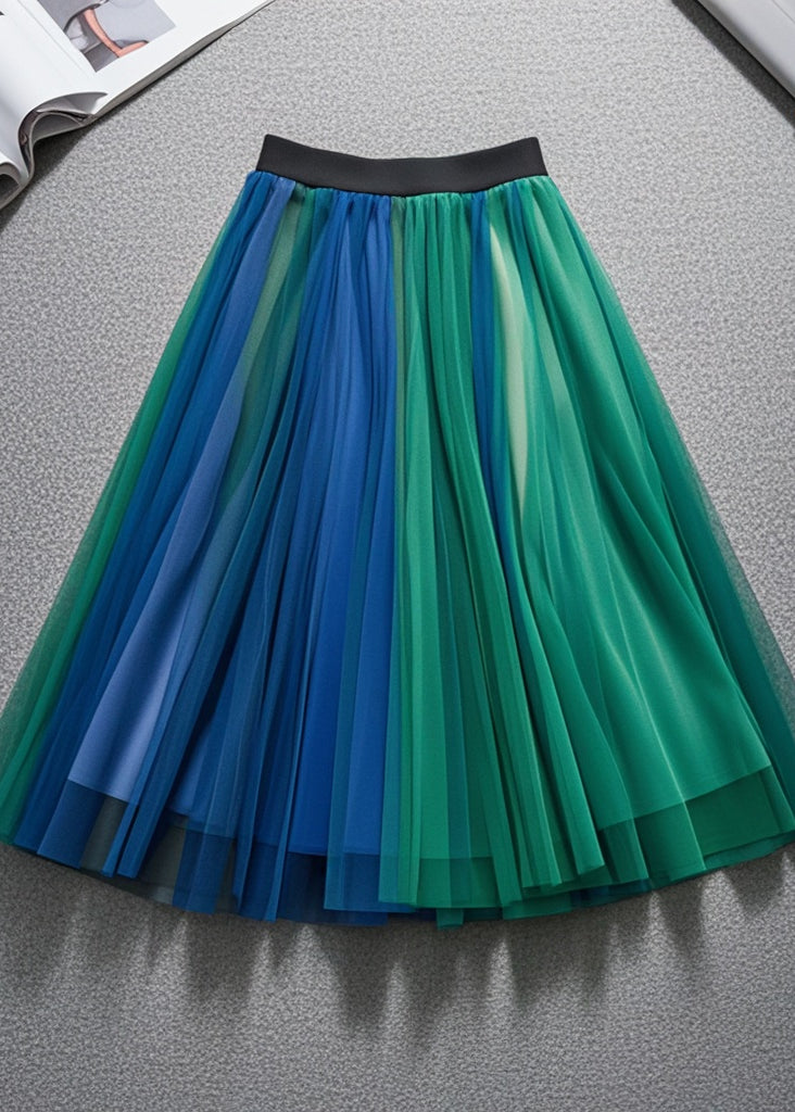 Handmade Colorblock Elastic Waist Tulle Pleated Skirt Fall