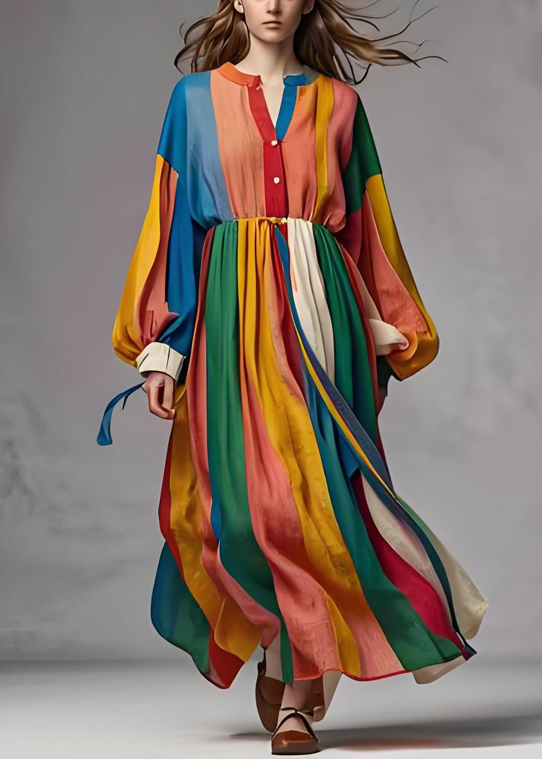 Handmade Colorblock Wrinkled Patchwork Cotton Long Dress Lantern Sleeve