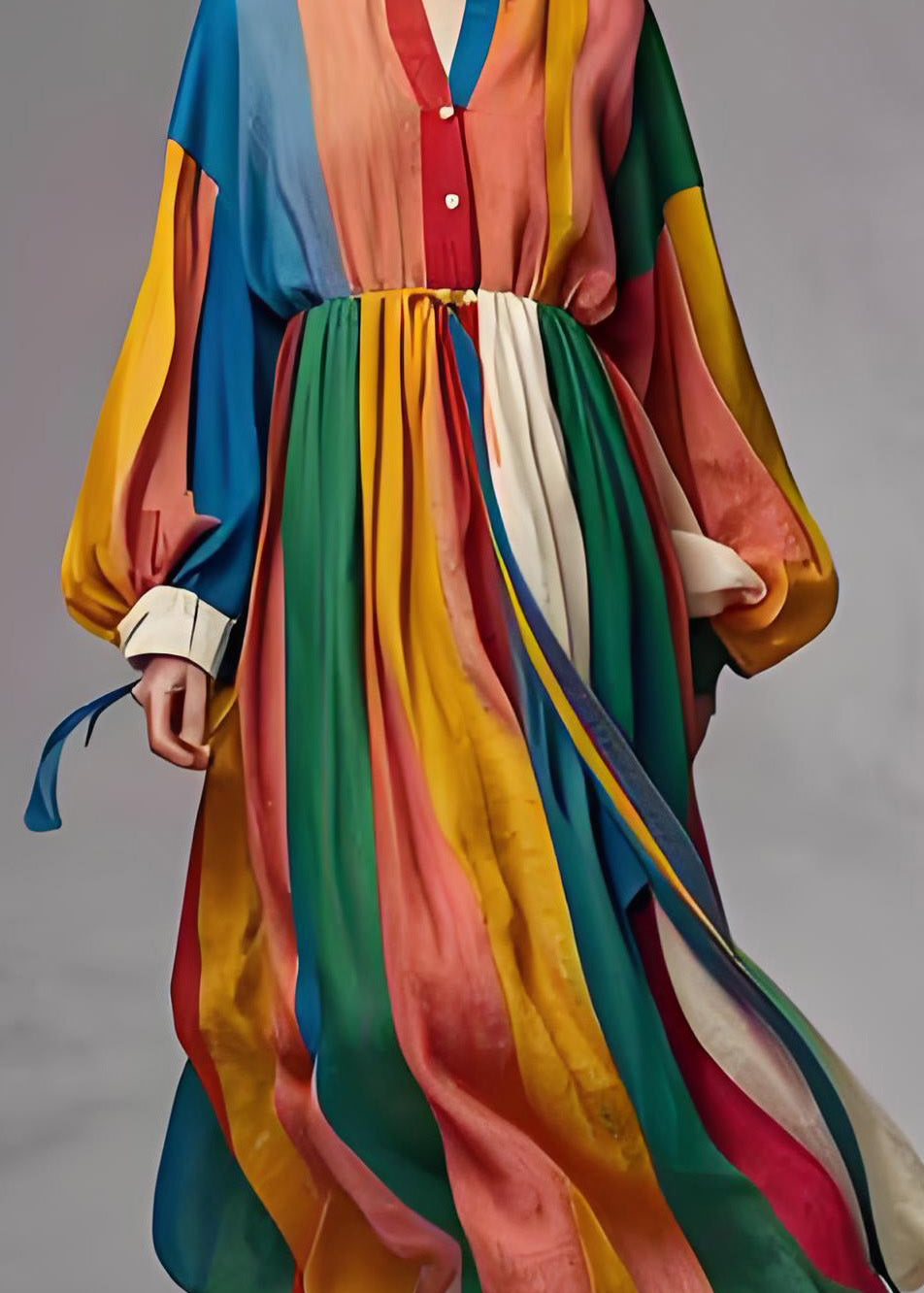 Handmade Colorblock Wrinkled Patchwork Cotton Long Dress Lantern Sleeve