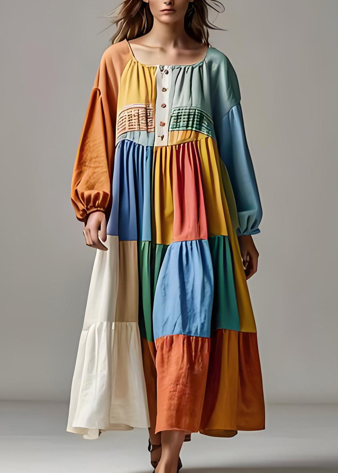 Handmade ColorblockU Neck Wrinkled Patchwork Cotton Dresses Summer