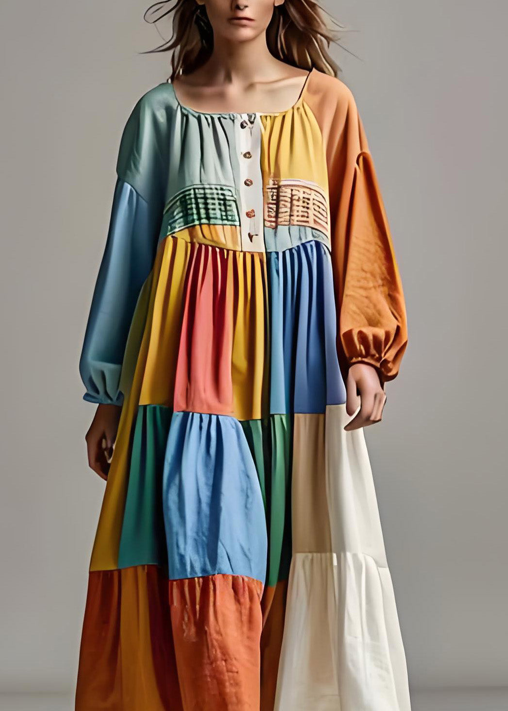 Handmade ColorblockU Neck Wrinkled Patchwork Cotton Dresses Summer