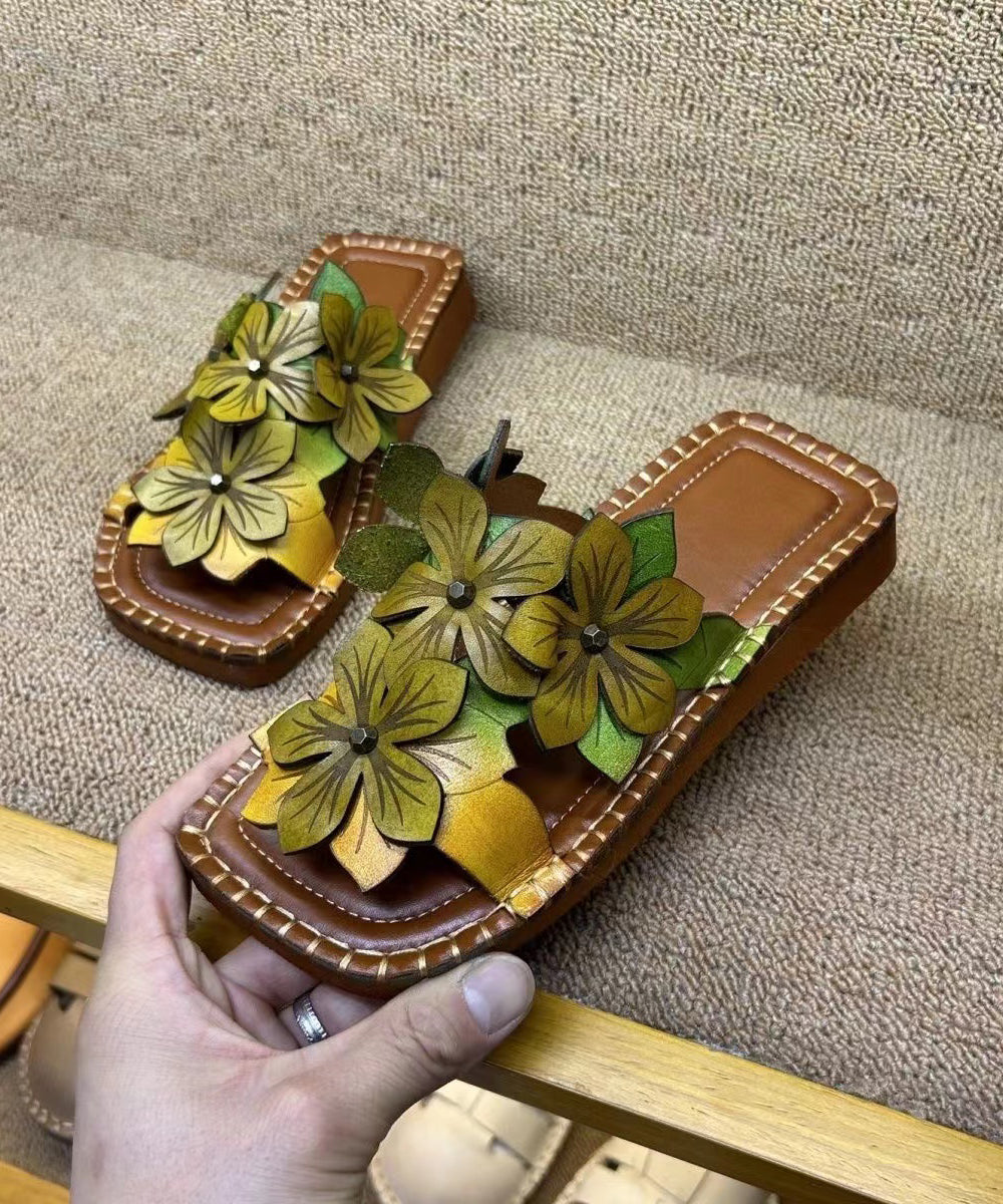 Handmade Cowhide Leather Yellow Green Floral Slide Sandals