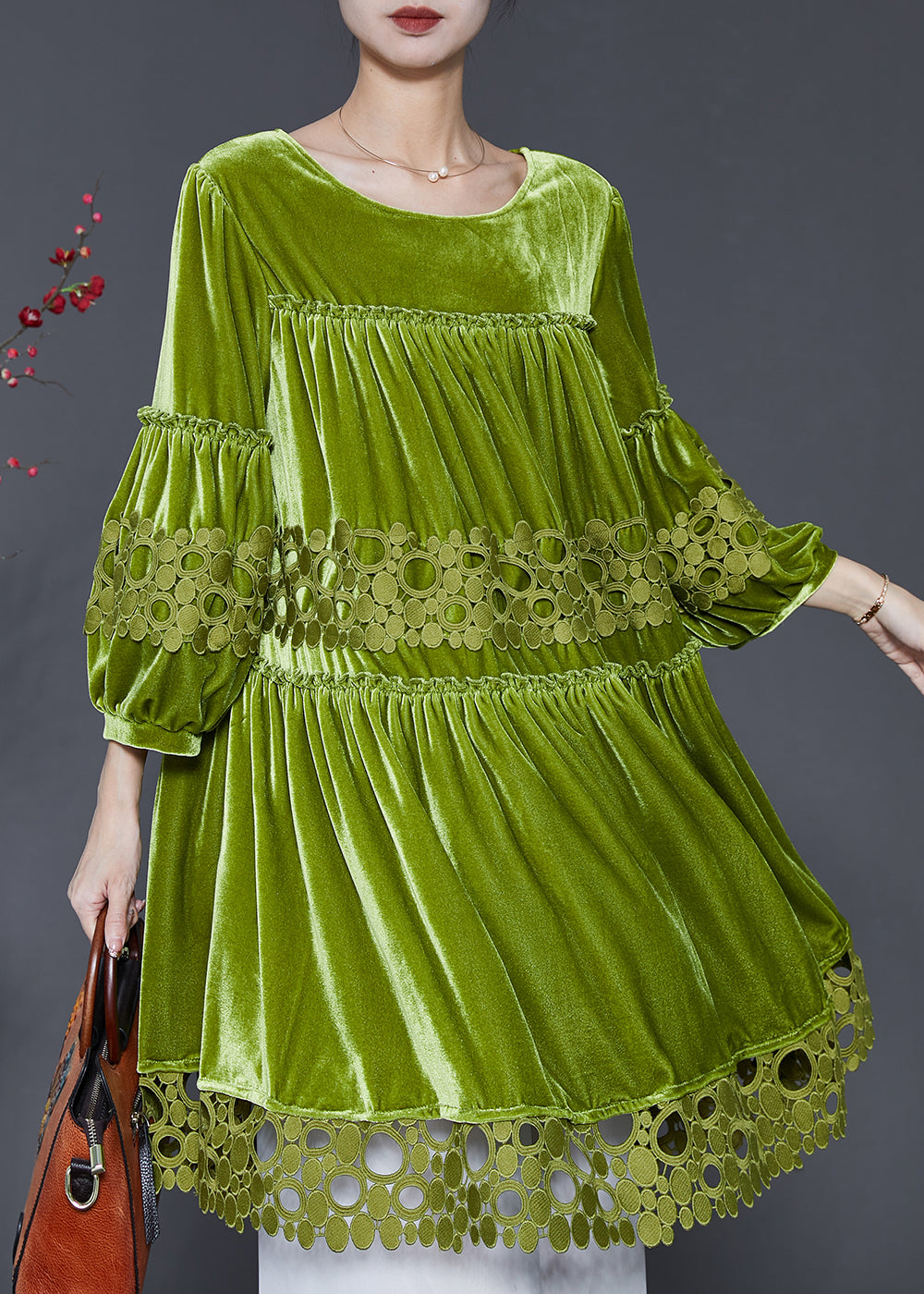 Handmade Grass Green Oversized Patchwork Silk Velvet Dresses Spring