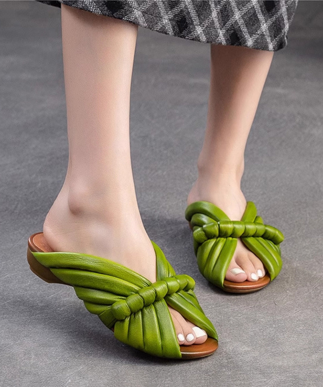 Handmade Green Cowhide Leather Peep Toe Slide Sandals