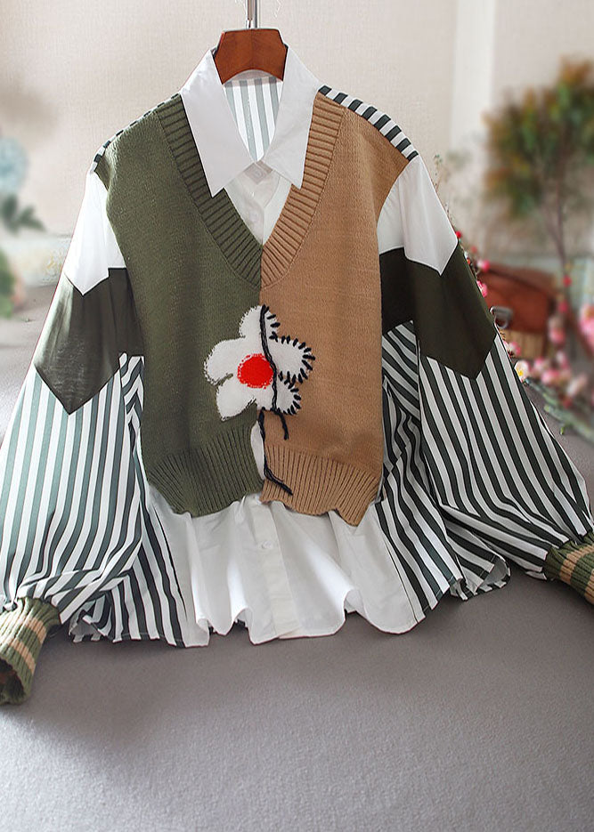 Handmade Green Embroidered Patchwork Knit Shirt Tops Spring