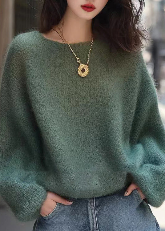 Handmade Green O Neck Cozy Knit Sweaters Spring