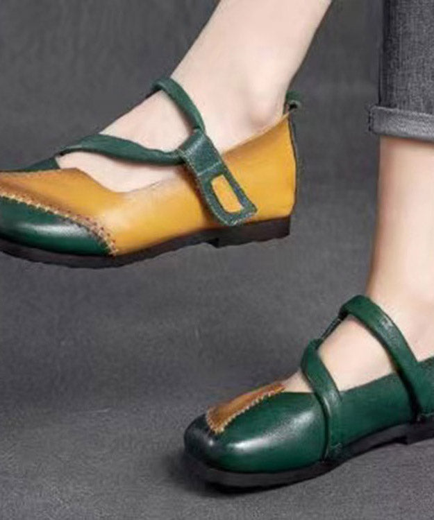 Handmade Green Splicing Buckle Strap Flat Shoes