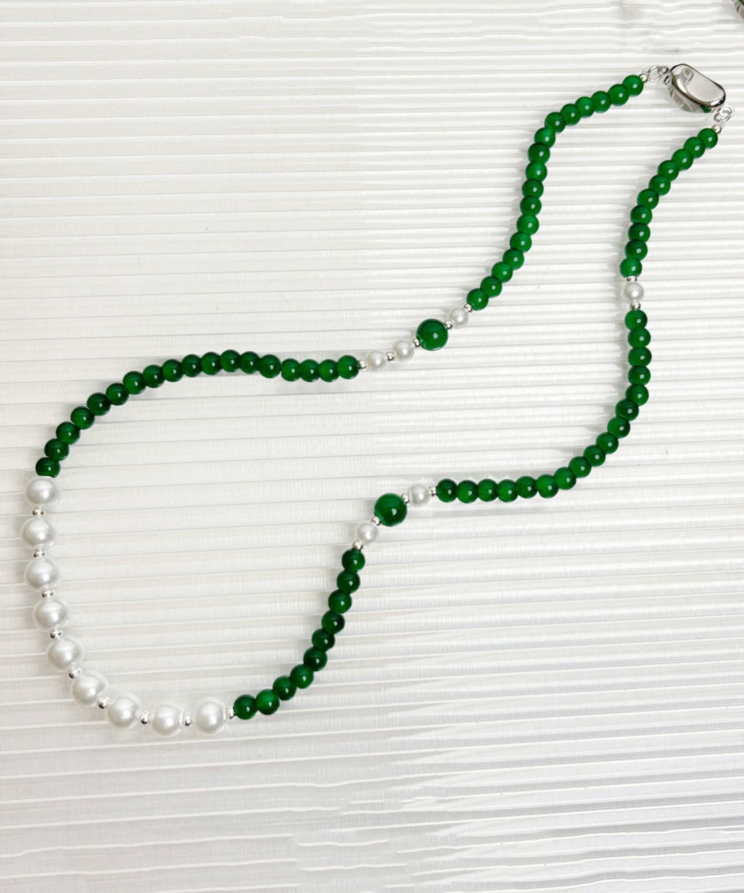 Handmade Green Sterling Silver Agate Pear Beading Gratuated Bead Necklace