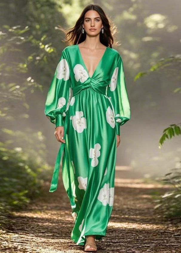 Handmade Green V Neck Print Silk Long Dress Spring