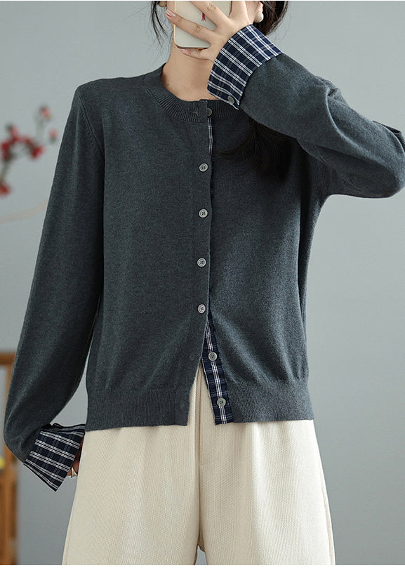 Handmade Grey O-Neck Patchwork Knit Cardigans Spring