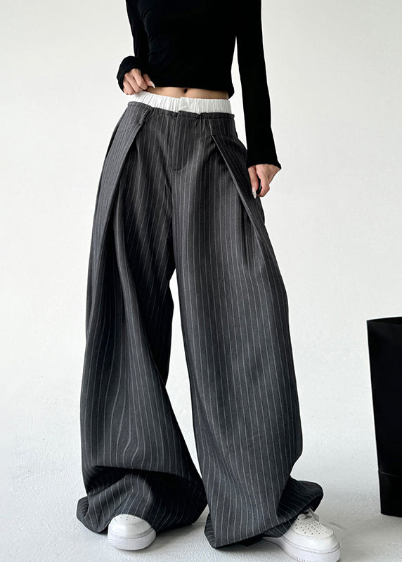 Handmade Grey Striped High Waist Straight Pants Spring