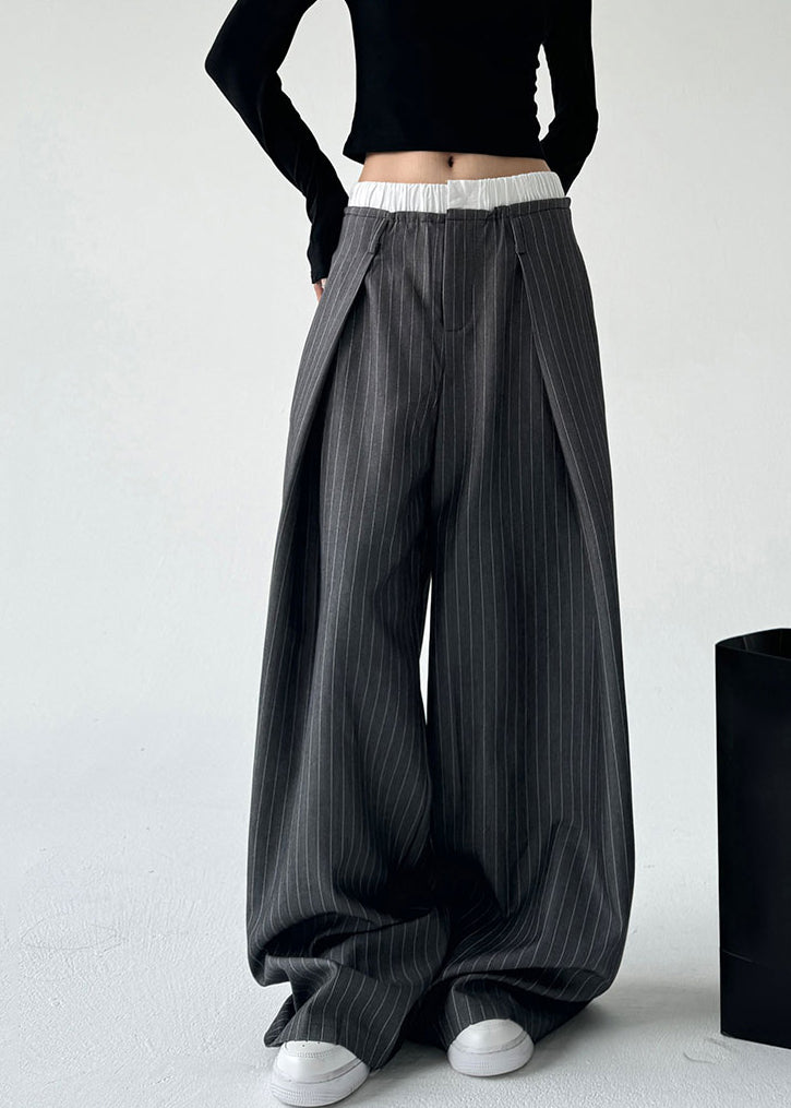 Handmade Grey Striped High Waist Straight Pants Spring