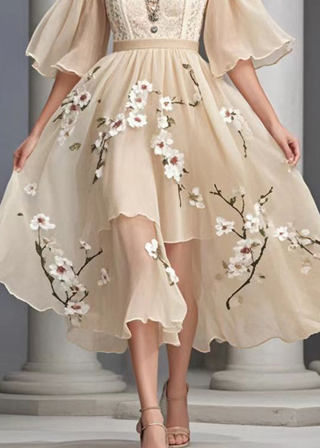 Handmade Khaki Plum Blossom Chiffon Vacation Dresses Summer