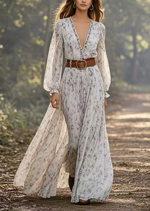 Handmade Light Grey Print Tunic Chiffon Maxi Dresses Spring