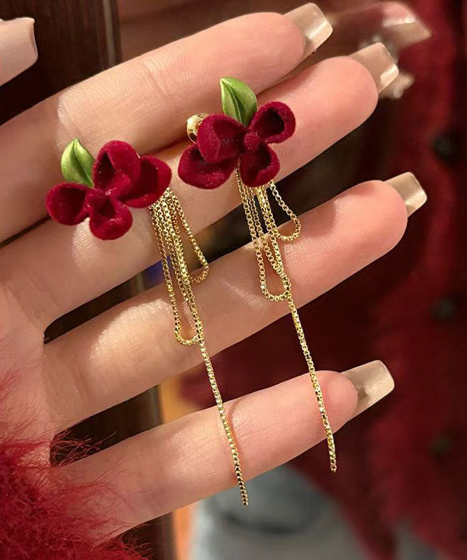 Handmade Mulberry Alloy Silk Velvet Gardenia Flower Tassel Drop Earrings