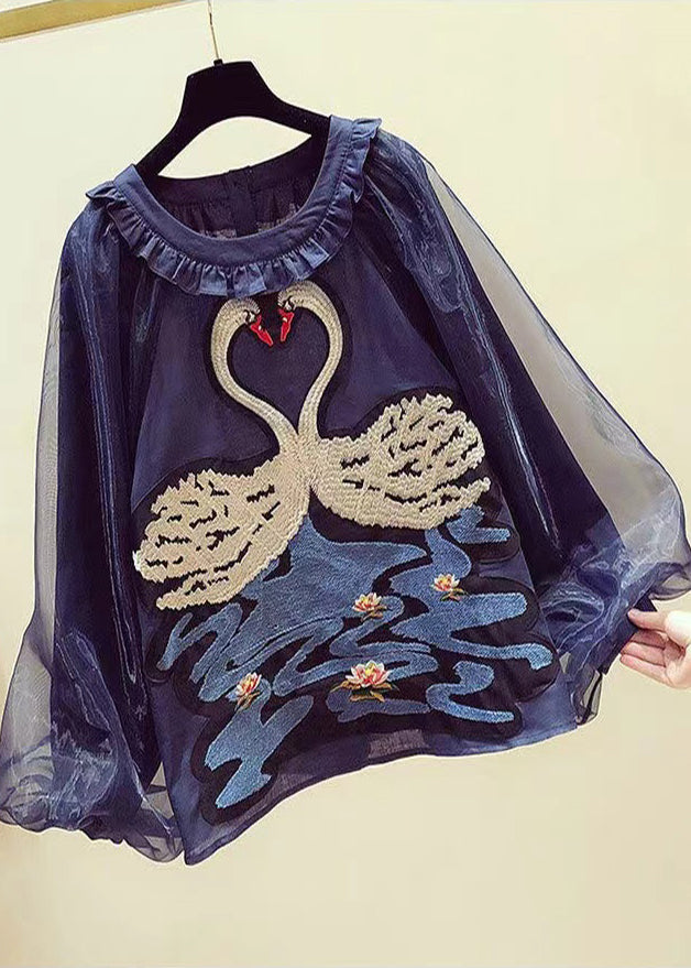 Handmade Navy Swan Embroidered Silk Shirts Spring