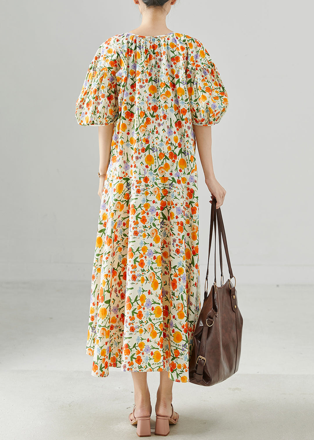 Handmade Orange Oversized Print Cotton Maxi Dress Summer