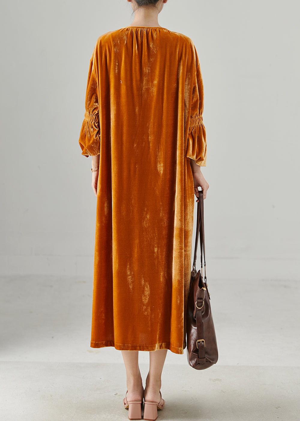 Handmade Orange Oversized Silk Velvet Long Dresses Lantern Sleeve