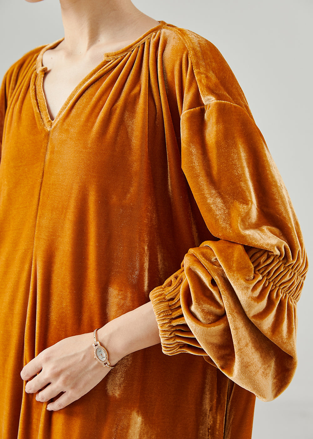 Handmade Orange Oversized Silk Velvet Long Dresses Lantern Sleeve