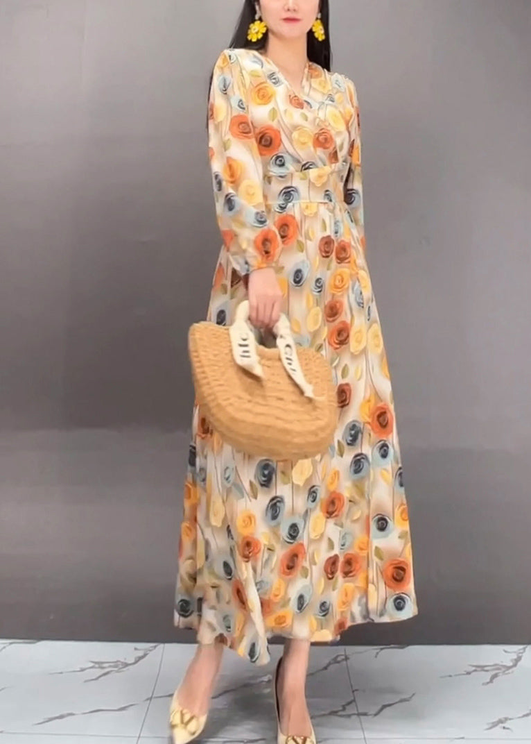 Handmade Orange Print Tunic Long Dresses Fall