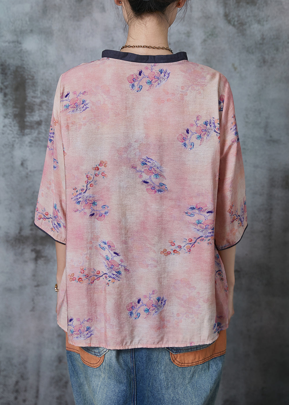 Handmade Pink Embroidered Print Linen Blouses Summer