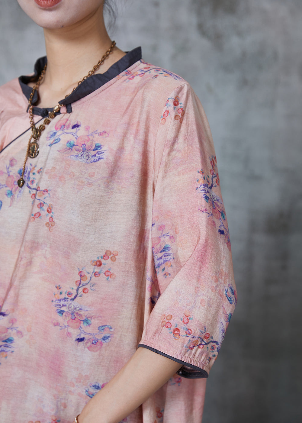 Handmade Pink Embroidered Print Linen Blouses Summer