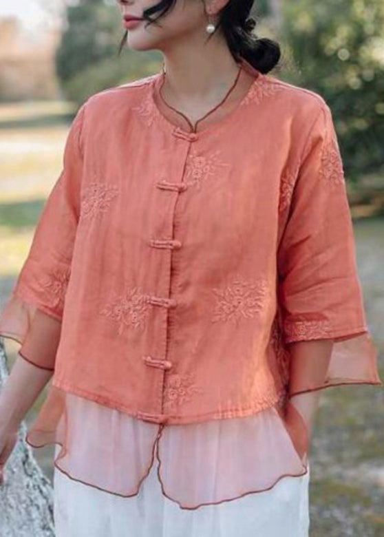 Handmade Pink O-Neck Embroidered Button Shirts Summer