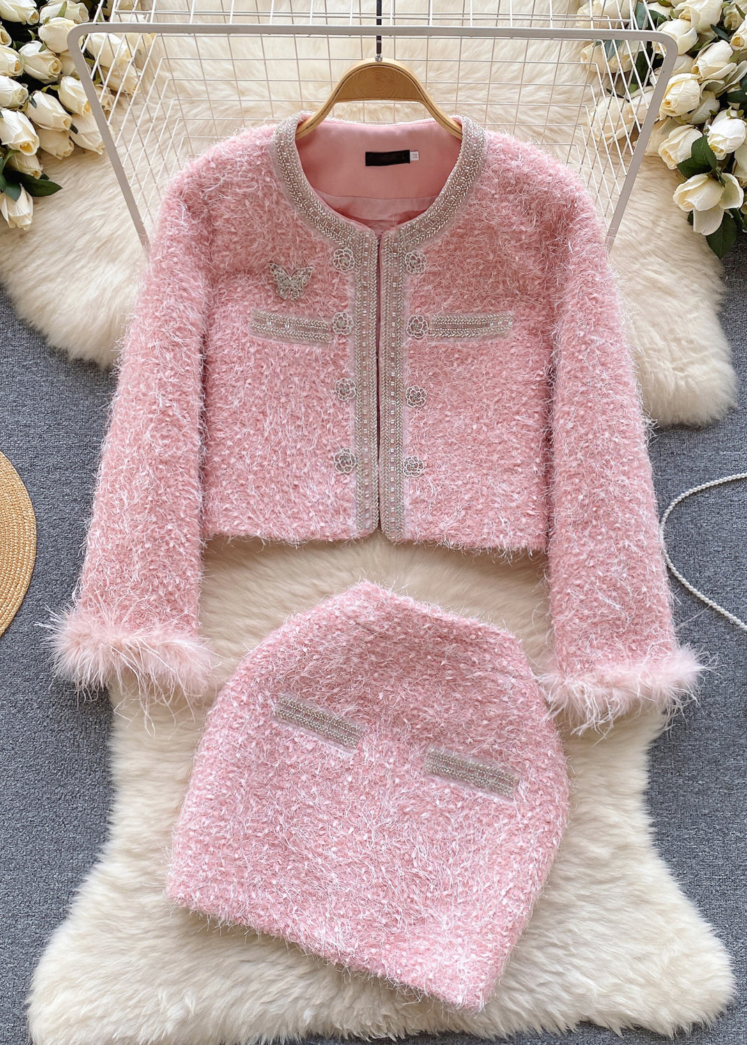 Handmade Pink O Neck Patchwork Coat And Skirts Two Piece Suit Set Winter