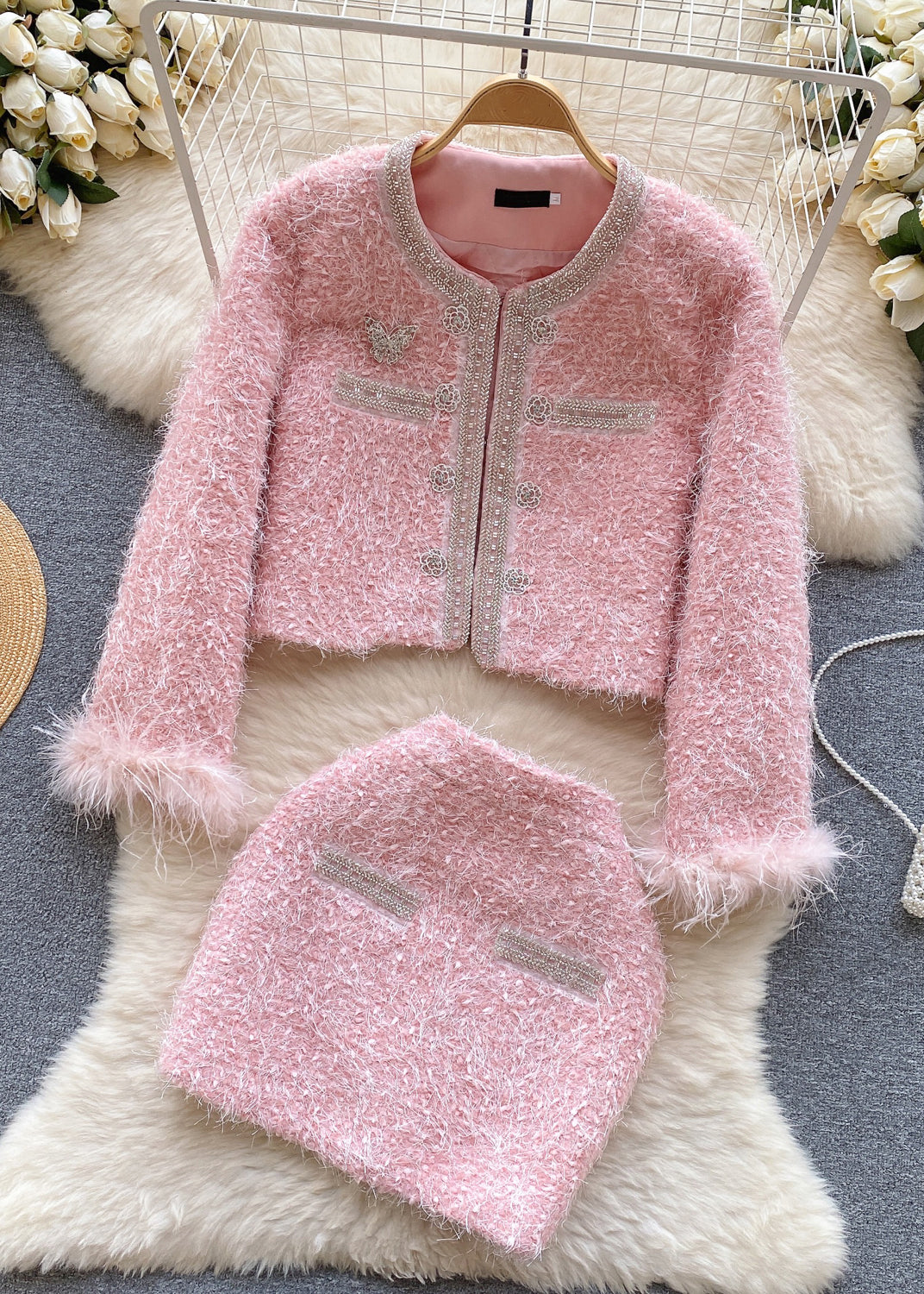 Handmade Pink O Neck Patchwork Coat And Skirts Two Piece Suit Set Winter